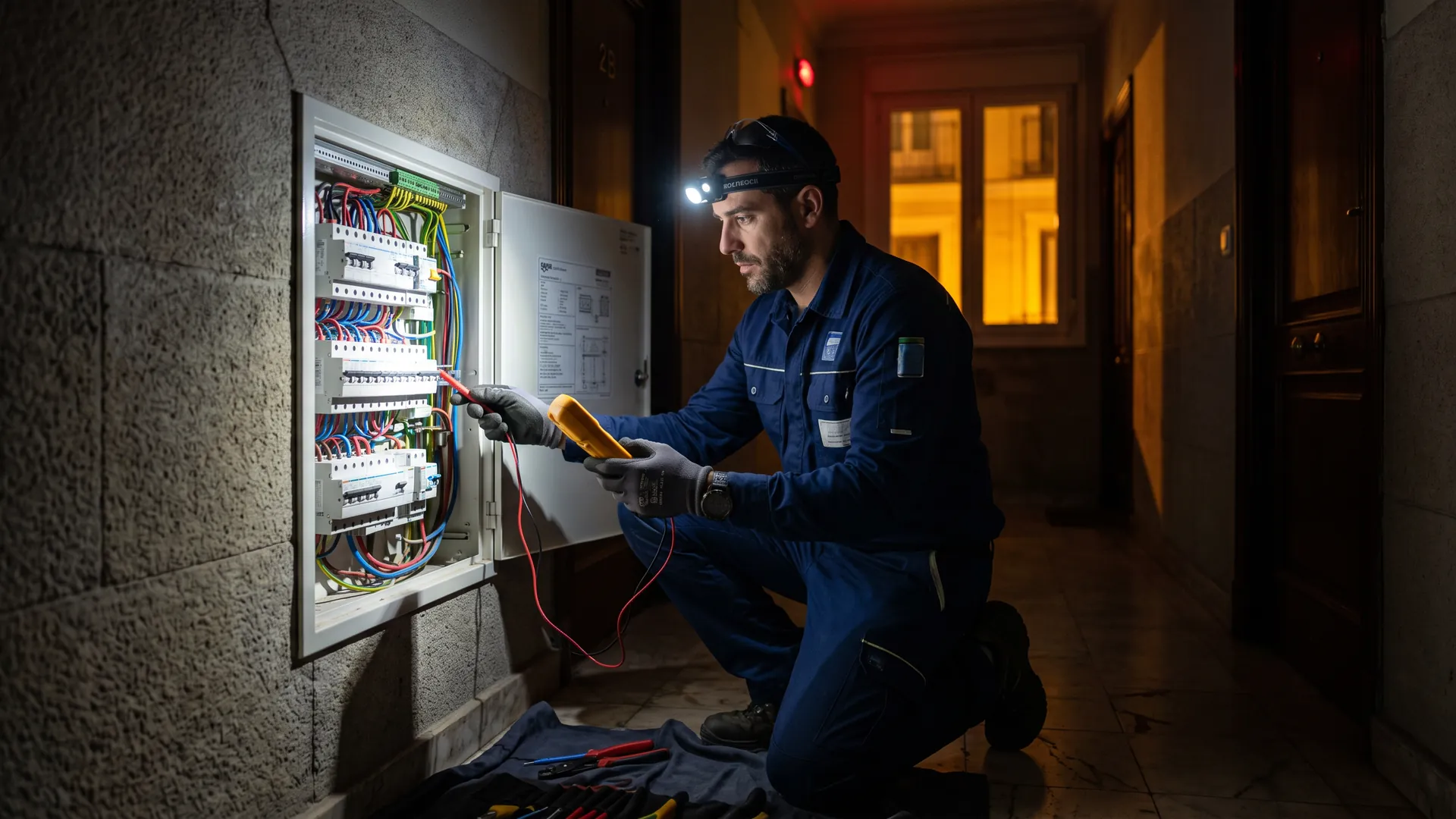 Electricista con linterna frontal midiendo con un multímetro en el cuadro eléctrico de un rellano de noche